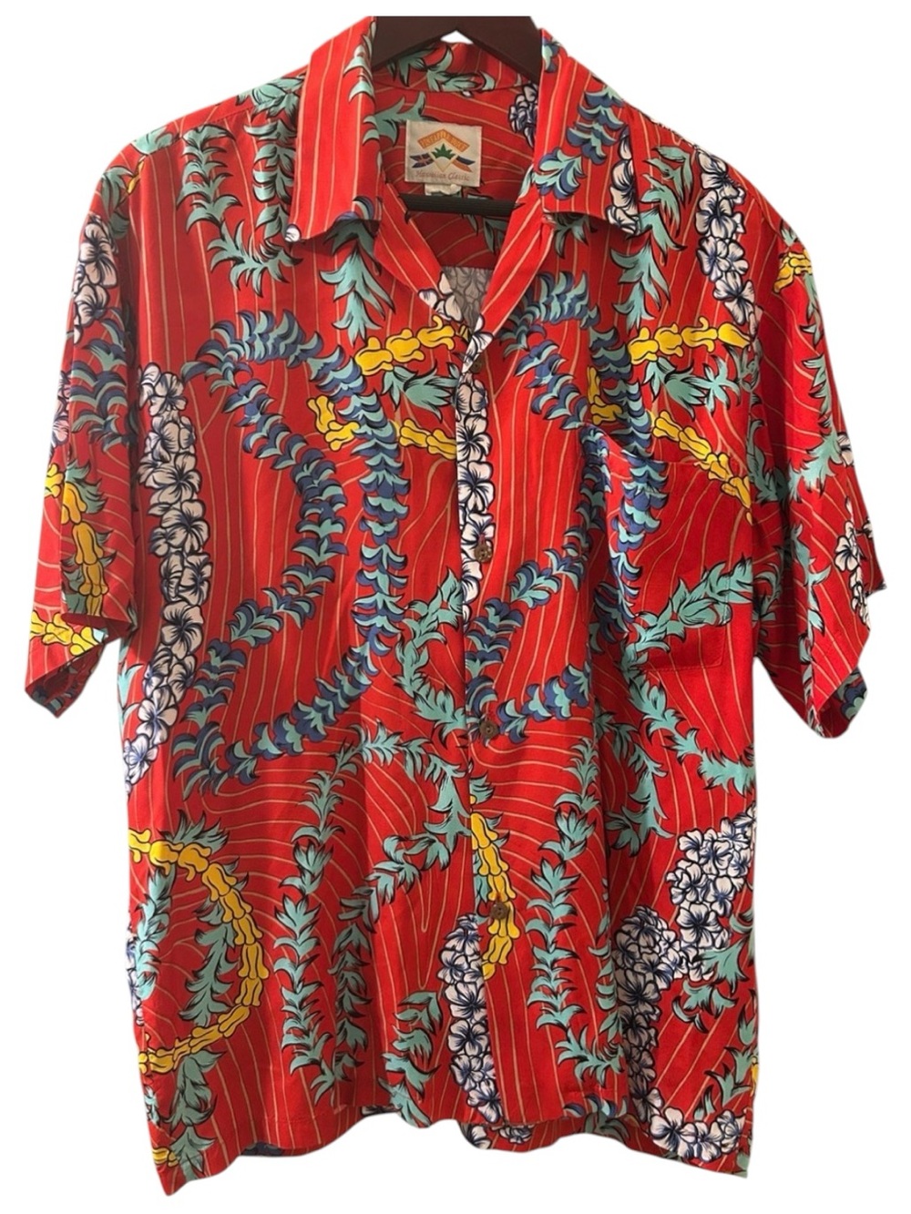 PINEAPPLE JUICE Hawaiian Aloha Shirt Mens Sz L/XLRed Tropical Print Short-Sleeve